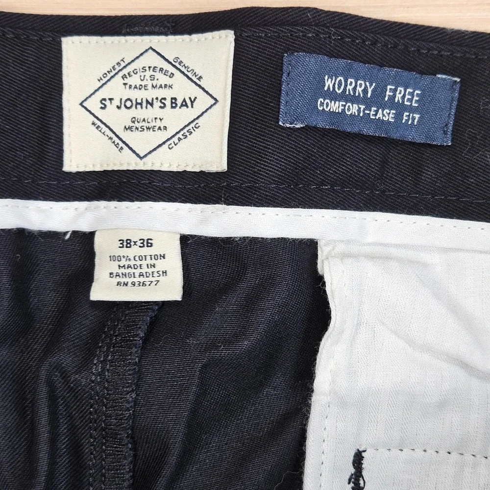 St. John's Bay Worry Free Chino Mens 38x36‎ Black Pleated Comfort Ease Fit NEW